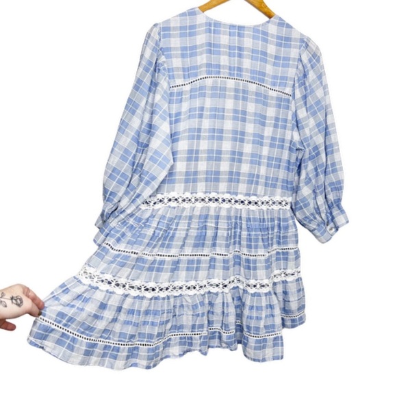 Free People Women's Time Out Lace Plaid Gingham 3/4 Sleeve Ruffle Tunic Blouse - Picture 11 of 16